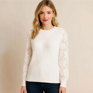 alice blue Medium White Sheer Floral Sleeve Ribbed Sweater
